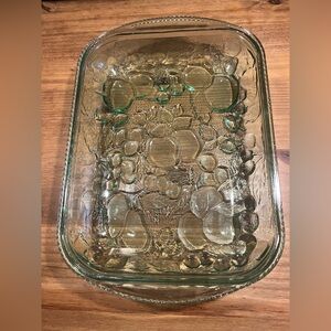 Vintage Libbey Orchard Fruit Embossed Green Glass Casserole Dish
